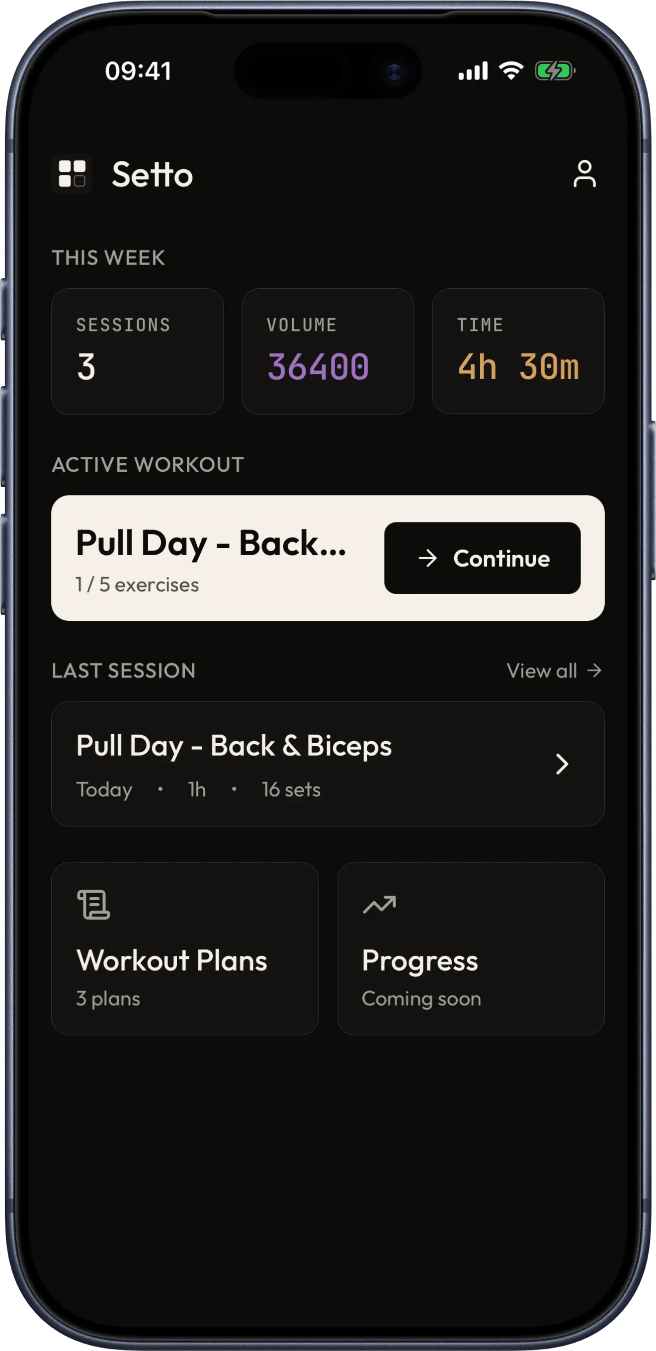 setto workout logging screen on iPhone