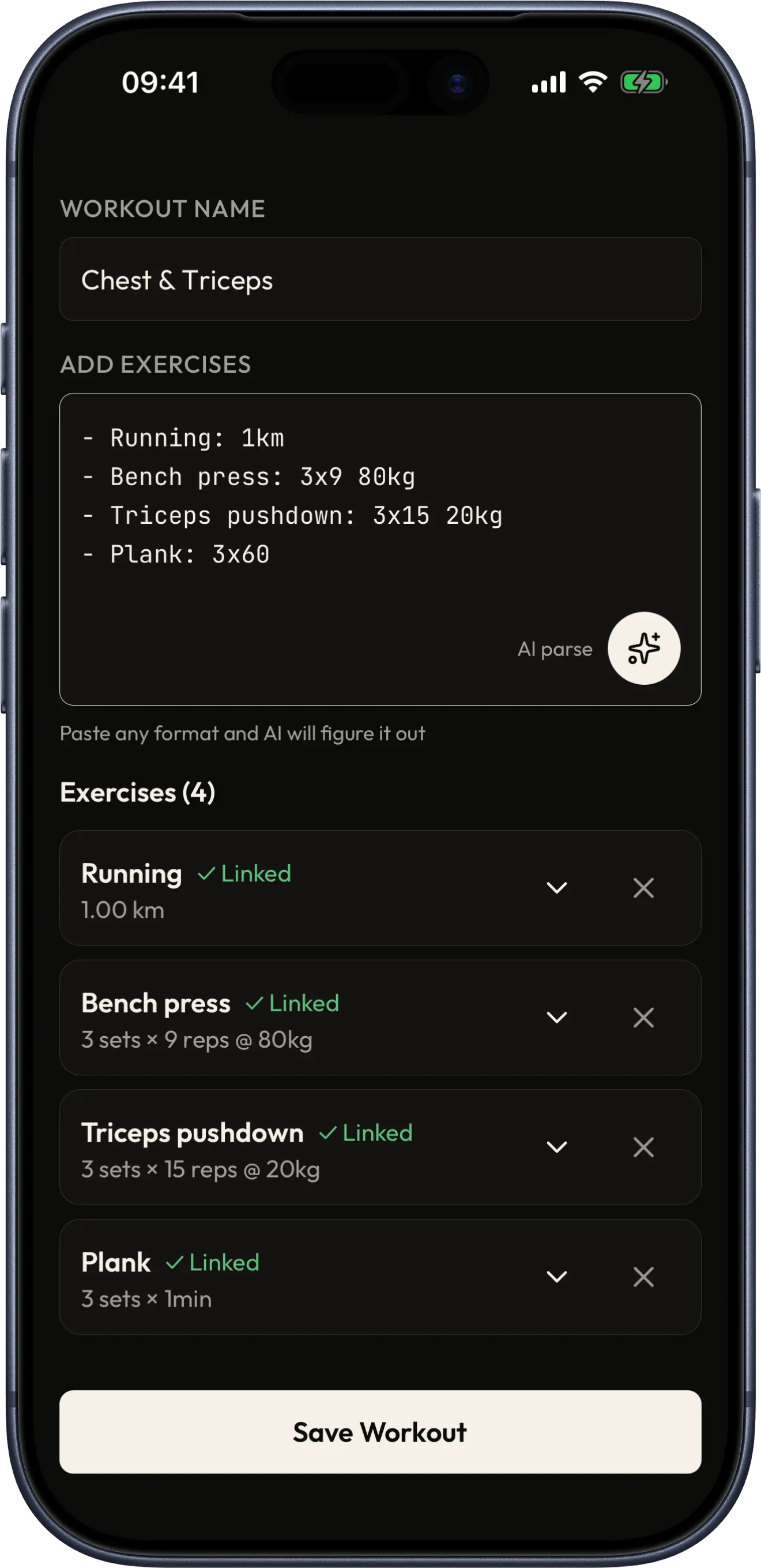 setto AI-parsed workout form